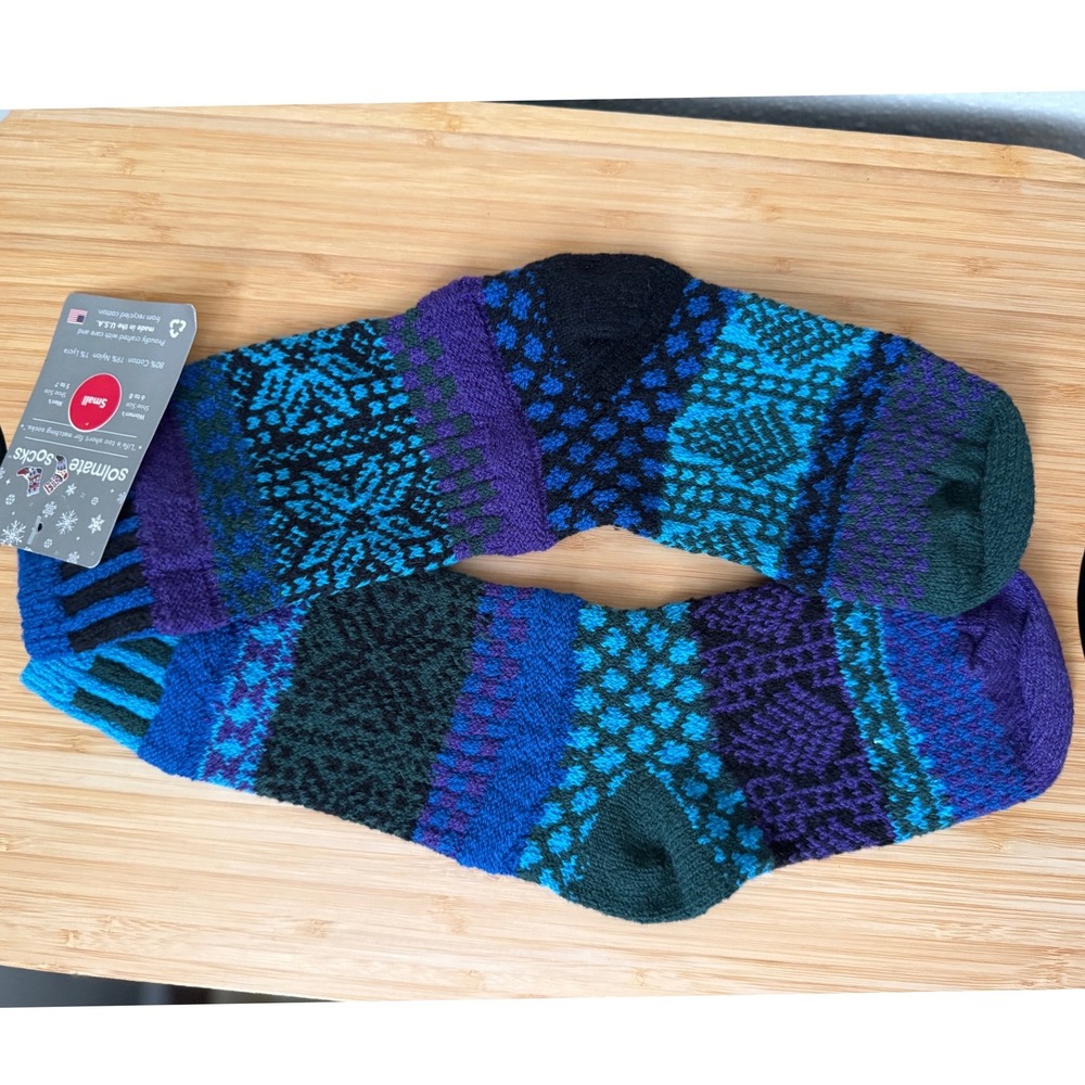 Solmate Socks Blue Spruce Crew Socks Women Small Blue Mismatched Knit Recycled